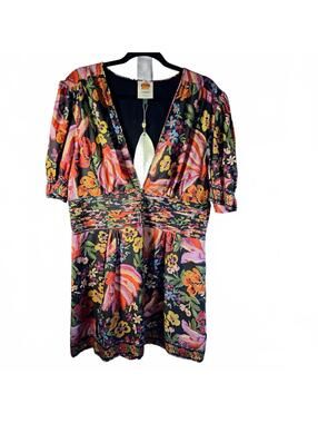 NWT FARM RIO  XL Spring Banana Floral Mini Dress Pleated V-Neck Black Boho